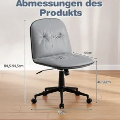 Armloser Schreibtischstuhl Kunstleder drehbarer Bürostuhl mit Höhenverstellung Wippfunktion Grau