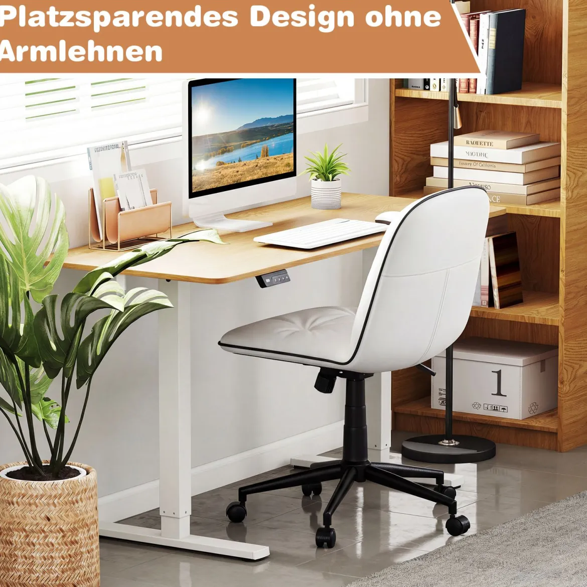 Armloser Schreibtischstuhl Kunstleder drehbarer Bürostuhl mit Höhenverstellung Wippfunktion Weiß