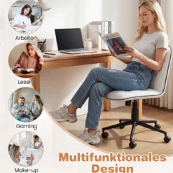 Armloser Schreibtischstuhl Kunstleder drehbarer Bürostuhl mit Höhenverstellung Wippfunktion Weiß