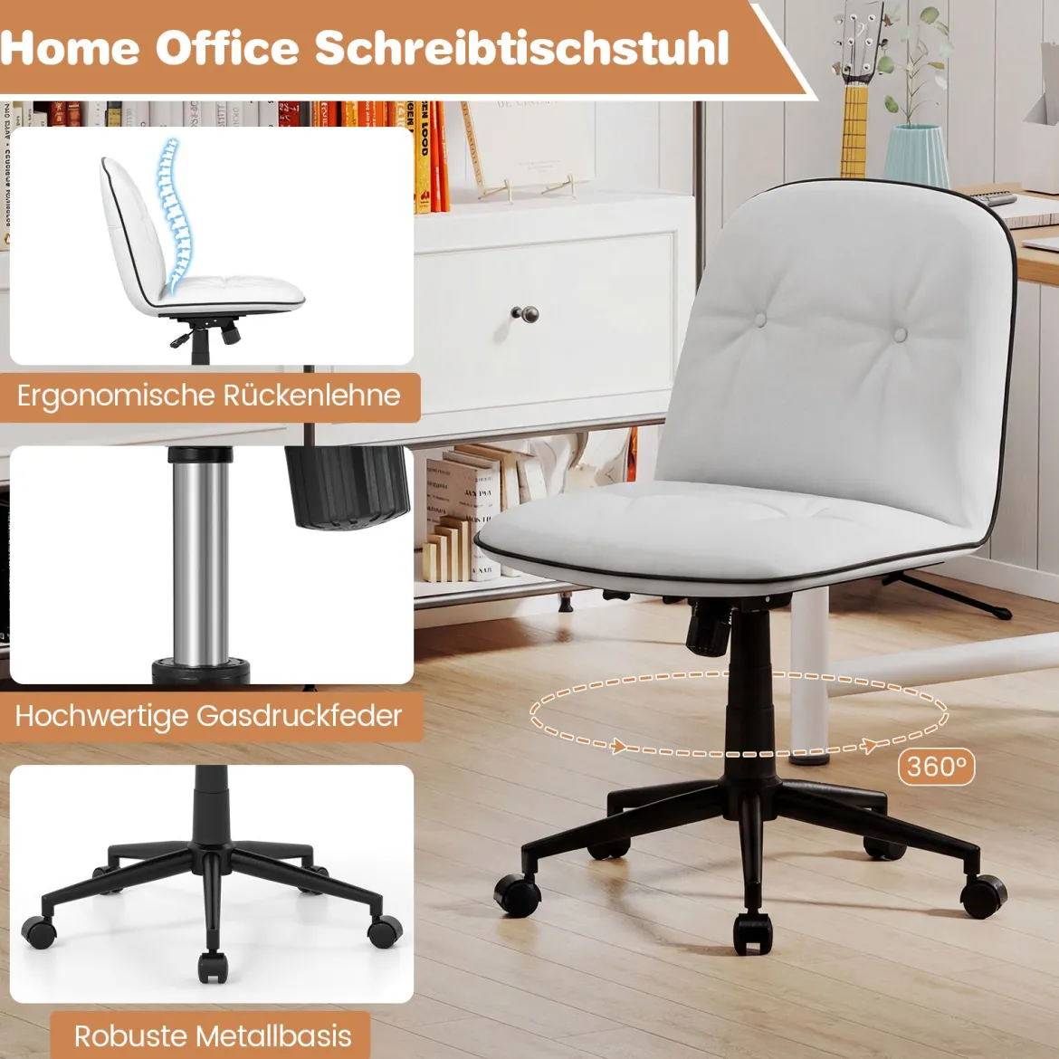 Armloser Schreibtischstuhl Kunstleder drehbarer Bürostuhl mit Höhenverstellung Wippfunktion Weiß