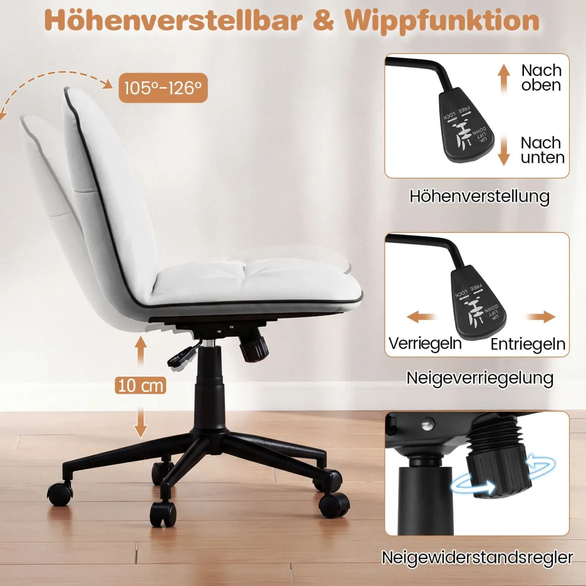 Armloser Schreibtischstuhl Kunstleder drehbarer Bürostuhl mit Höhenverstellung Wippfunktion Weiß
