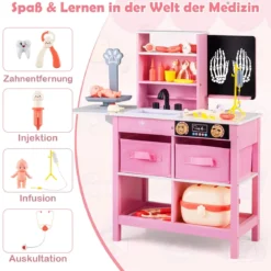 Arztpraxis-Spielset Holz-Medizinisches Zentrum mit Tafel Tierwaage Wasserhahn für Kinder ab 3 Jahren Rosa