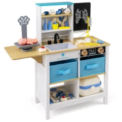 Arztpraxis-Spielset Holz-Medizinisches Zentrum mit Tafel Tierwaage Wasserhahn für Kinder ab 3 Jahren Weiß