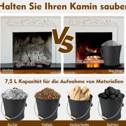 Ascheeimer mit Deckel Schaufel Handbesen & Handschuhen Kamineimer feuerfest Schwarz