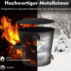 Ascheeimer mit Deckel Schaufel Handbesen & Handschuhen Kamineimer feuerfest Schwarz