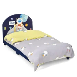 Astronauten-Muster Babybett Einzelbett mit weichem Kopfteil 151 x 76 x 70 cm Dunkelblau
