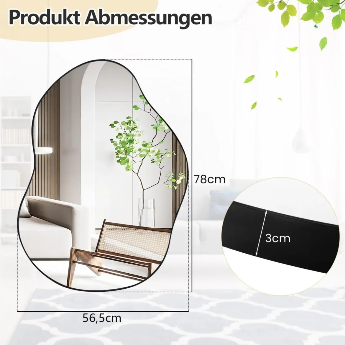 Asymmetrischer Wandspiegel mit Premium-Rückwand Unregelmäßig Geformter Wandspiegel 78 x 56,5 cm Schwarz/Golden
