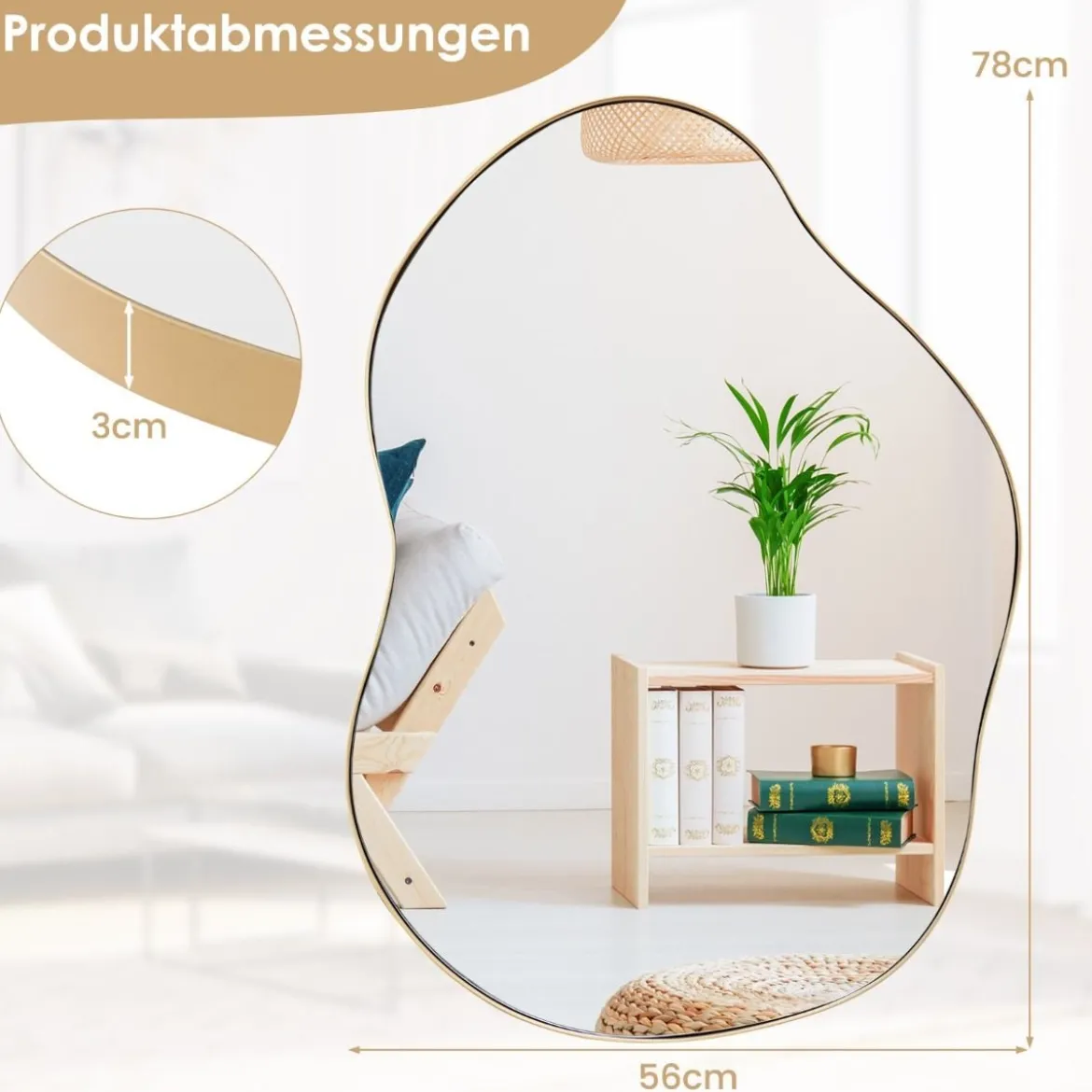 Asymmetrischer Wandspiegel mit Premium-Rückwand Unregelmäßig Geformter Wandspiegel 78 x 56,5 cm Schwarz/Golden