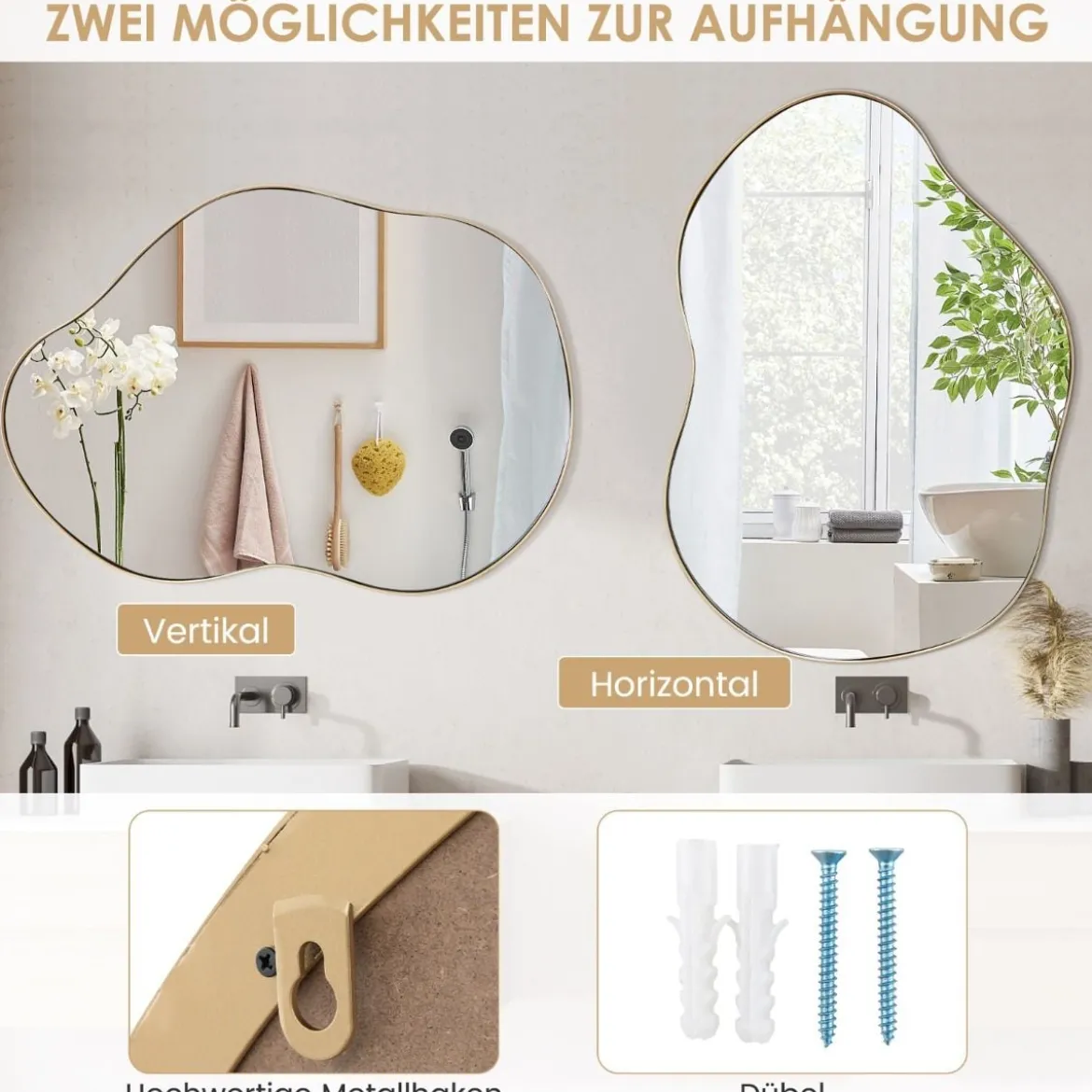 Asymmetrischer Wandspiegel mit Premium-Rückwand Unregelmäßig Geformter Wandspiegel 78 x 56,5 cm Schwarz/Golden