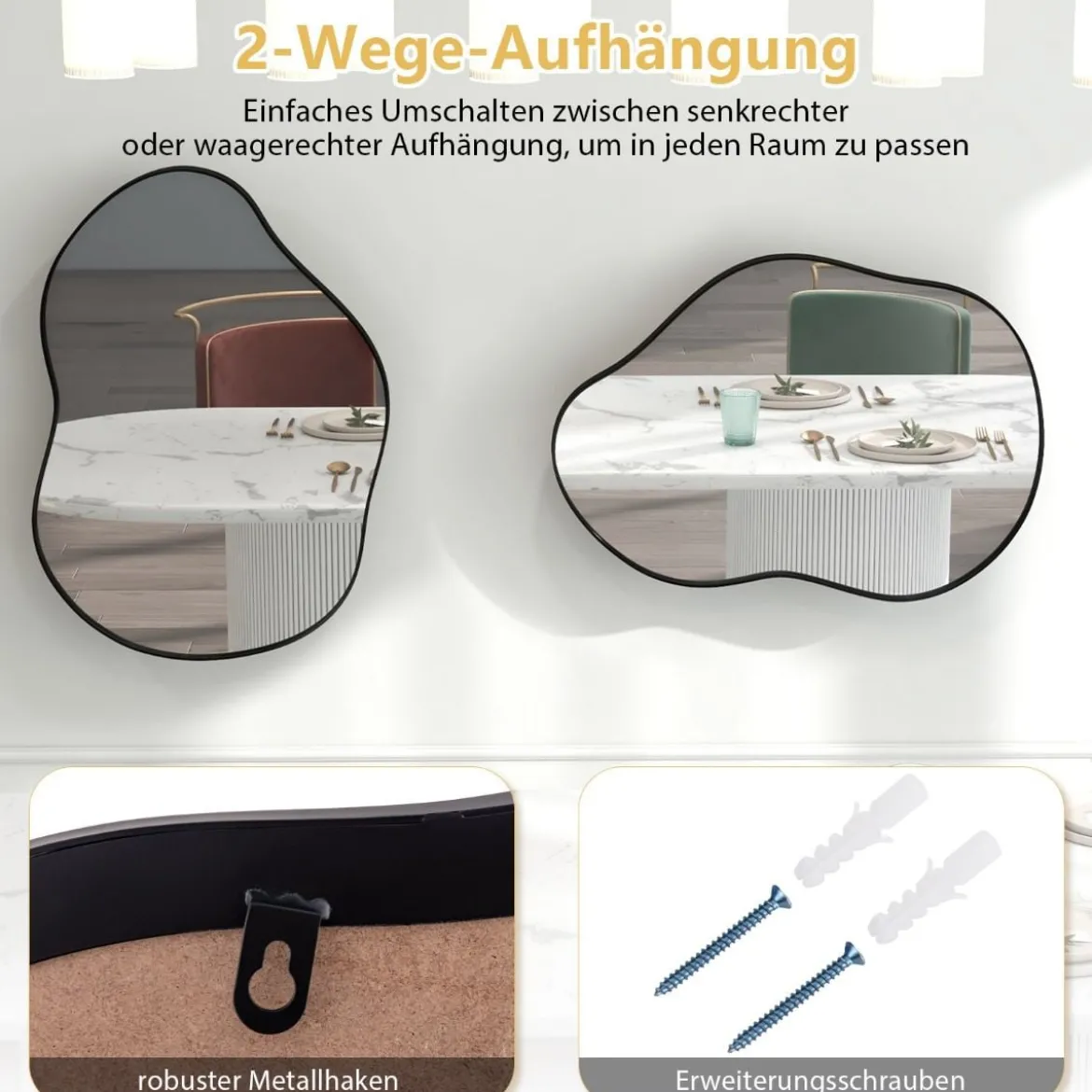Asymmetrischer Wandspiegel mit Premium-Rückwand Unregelmäßig Geformter Wandspiegel 78 x 56,5 cm Schwarz/Golden
