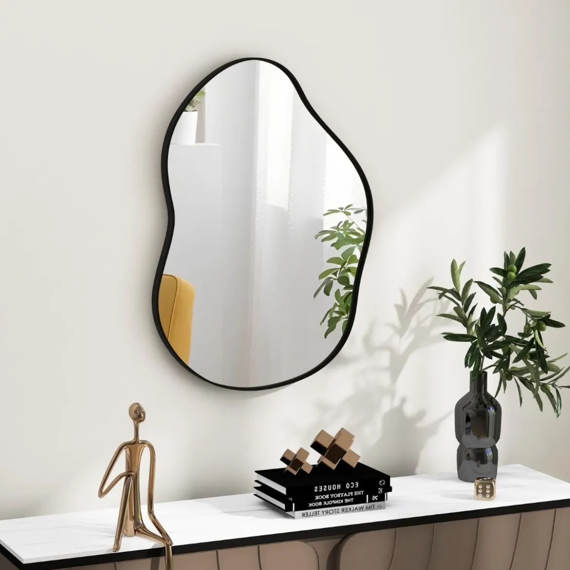 Asymmetrischer Wandspiegel mit Premium-Rückwand Unregelmäßig Geformter Wandspiegel 78 x 56,5 cm Schwarz/Golden