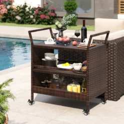 Außen-Barwagen 3-stufiges Patio Rattan-Regal mit arretierbaren Universalrädern & Seitengriffen 86 x 50 x 89 cm