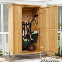 Außenlager-Schrank Holz-Gartenschuppen mit Asphalt-Dach 3 Regalen abschließbare Tür 5 Haken Natur 91 x 66 x 150 cm