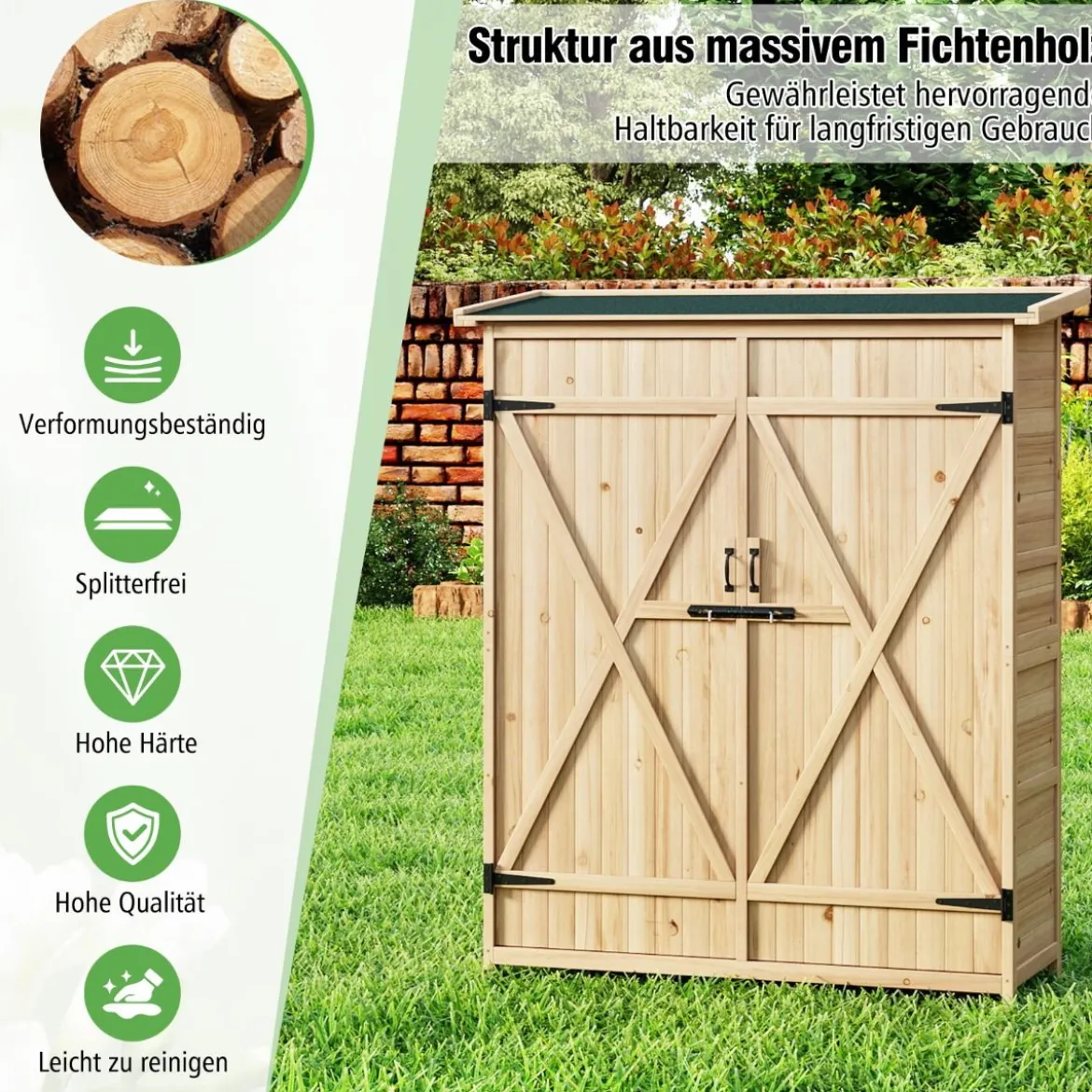 Außenschuppen für Aufbewahrung Massives Holz-Gerätehaus mit Wasserfestem Schrägdach aus Asphalt Natur