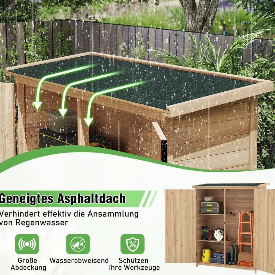 Außenschuppen für Aufbewahrung Massives Holz-Gerätehaus mit Wasserfestem Schrägdach aus Asphalt Natur