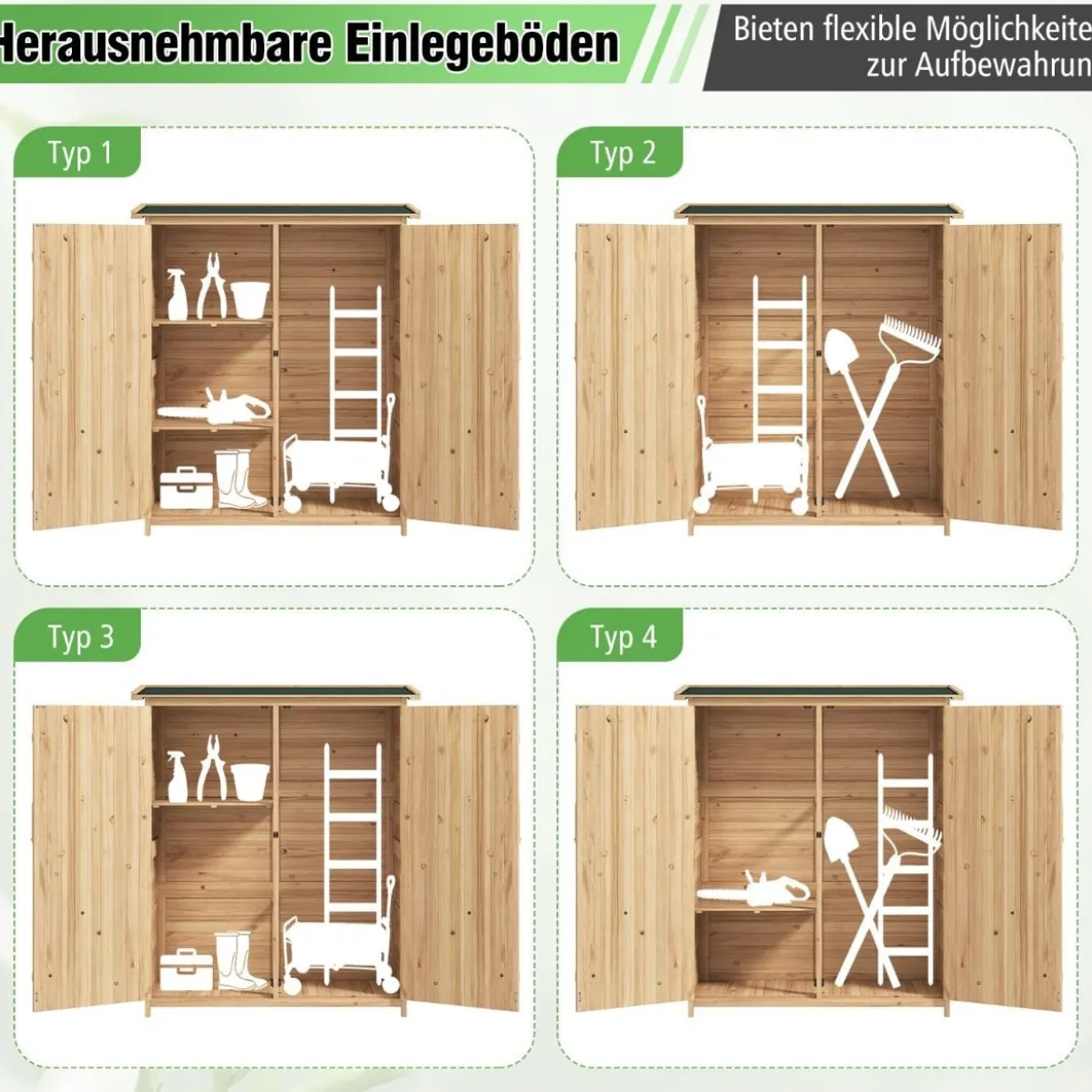 Außenschuppen für Aufbewahrung Massives Holz-Gerätehaus mit Wasserfestem Schrägdach aus Asphalt Natur