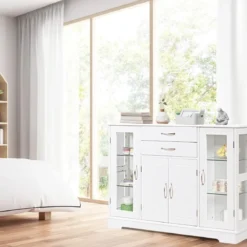 Aufbewahrungsschrank aus Holz mit gehärteten Glastüren und Schubladen Weiß