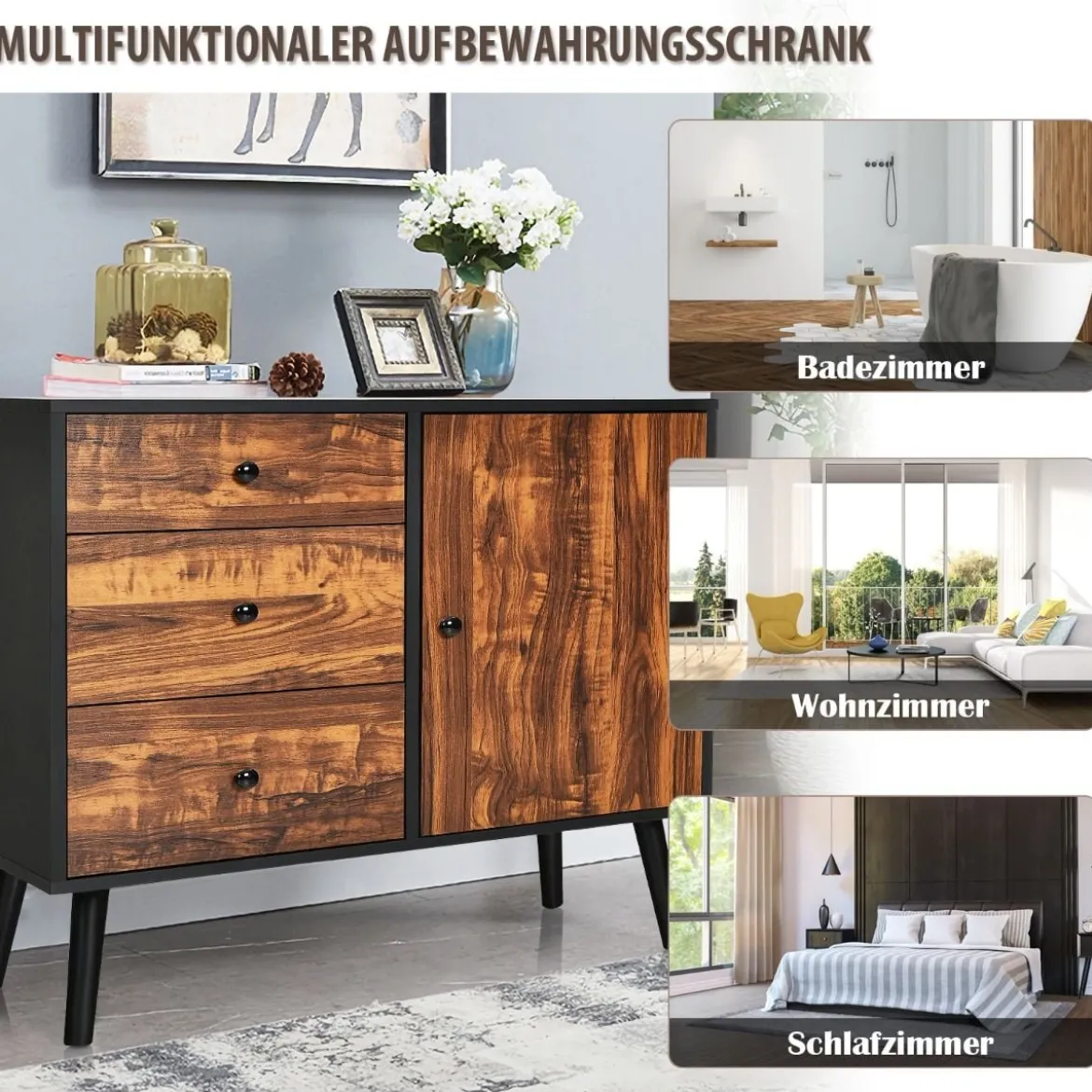 Aufbewahrungsschrank mit 3 Schubladen Holzschrank Kommode 80 x 40 x 76,5 cm Braun + Schwarz