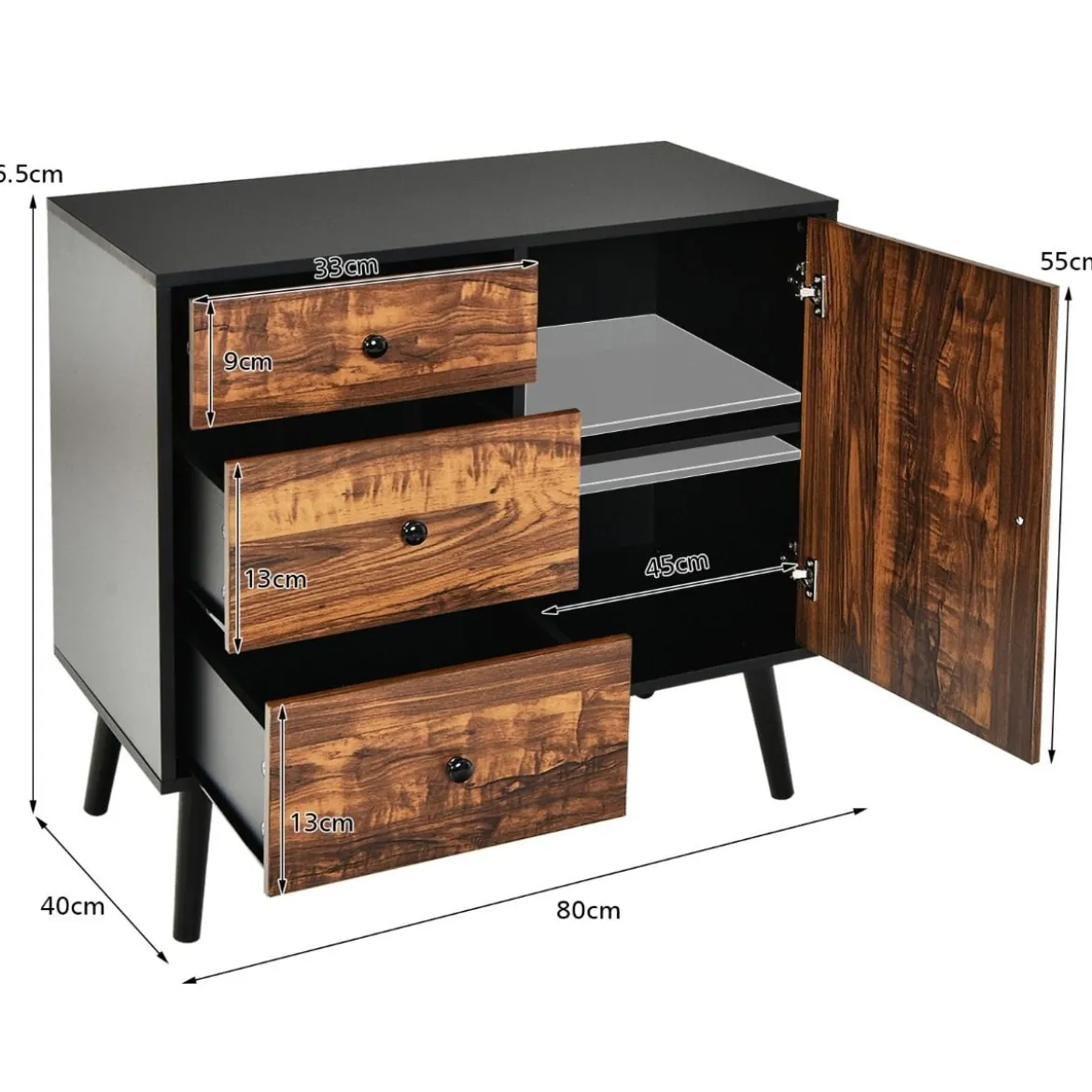 Aufbewahrungsschrank mit 3 Schubladen Holzschrank Kommode 80 x 40 x 76,5 cm Braun + Schwarz