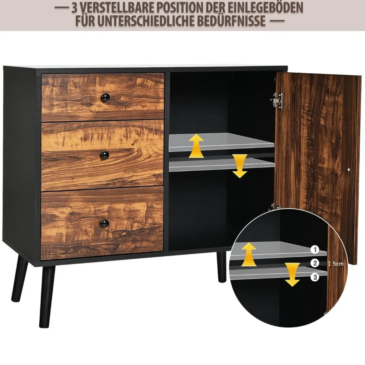 Aufbewahrungsschrank mit 3 Schubladen Holzschrank Kommode 80 x 40 x 76,5 cm Braun + Schwarz