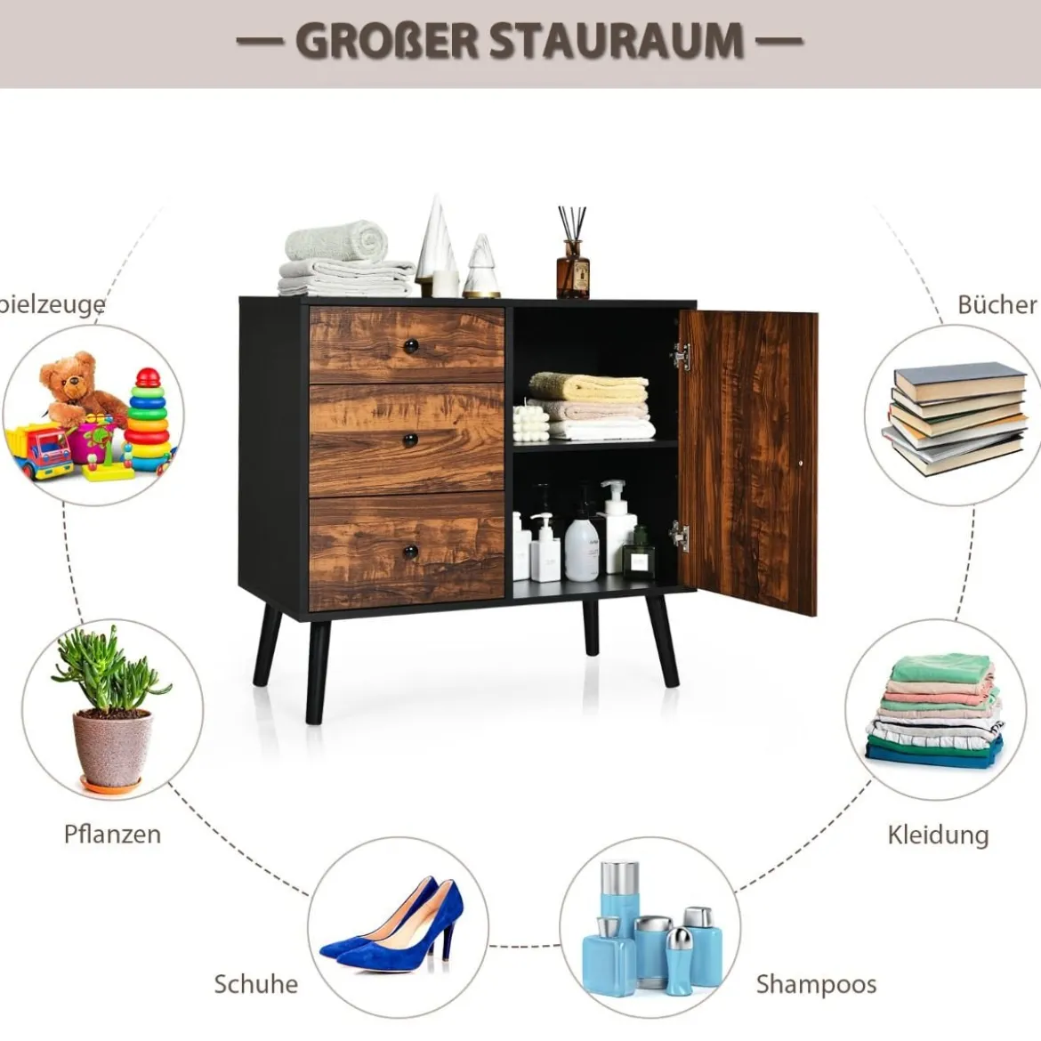 Aufbewahrungsschrank mit 3 Schubladen Holzschrank Kommode 80 x 40 x 76,5 cm Braun + Schwarz