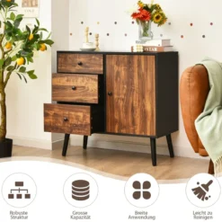 Aufbewahrungsschrank mit 3 Schubladen Holzschrank Kommode 80 x 40 x 76,5 cm Braun + Schwarz