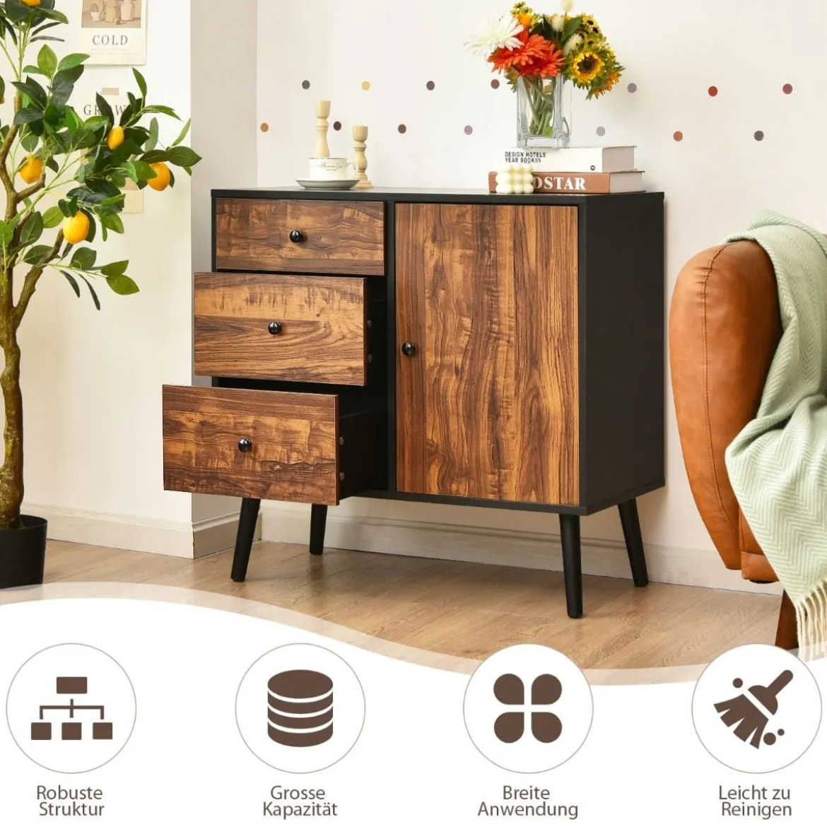 Aufbewahrungsschrank mit 3 Schubladen Holzschrank Kommode 80 x 40 x 76,5 cm Braun + Schwarz