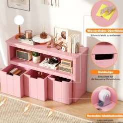 Aufbewahrungsschrank mit Schubladen Holz-Kinderschrank mit Rädern 101 x 33 x 62 cm Rosa