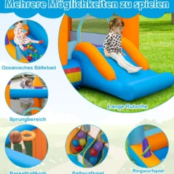 Aufblasbare Hüpfburg für Kinder mit Bällebad & Rutsche & Ringwurfspiel Inklusive 735W Gebläse