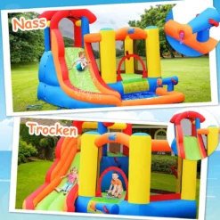 Aufblasbare Hüpfburg + 450W Gebläse mit Wasserrutsche Hüpfschloss Spielpool 274 x 320 x 213 cm Bunt