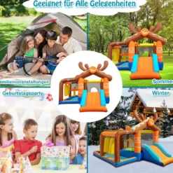 Aufblasbare Rentier-Hüpfburg mit Rutsche & 2 Bällebäder & Wurfspiel 420 x 310 x 260 cm