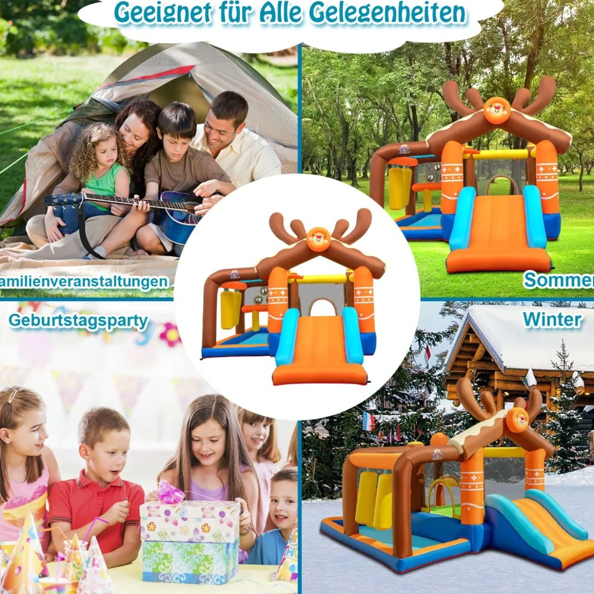 Aufblasbare Rentier-Hüpfburg mit Rutsche & 2 Bällebäder & Wurfspiel 420 x 310 x 260 cm