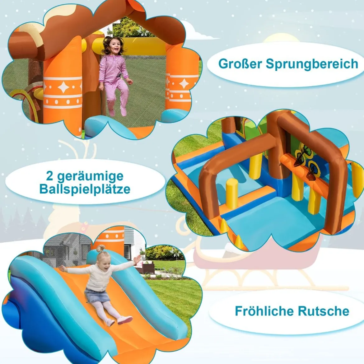 Aufblasbare Rentier-Hüpfburg mit Rutsche & 2 Bällebäder & Wurfspiel 420 x 310 x 260 cm
