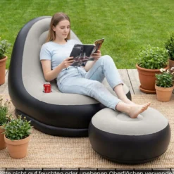 Aufblasbarer Sessel mit Fußhocker & PVC Beflockt-Oberfläche & Getränkehalter Luftsessel Luftsofa