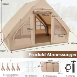 Aufblasbares Campingzelt aus Baumwolle für 4–6 Personen mit Pumpe & 7 Fenster Strandzelt