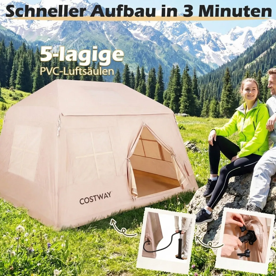 Aufblasbares Campingzelt für 4-6 Personen Tragbares Luftzelt mit Pumpe Türen & Moskitonetzen
