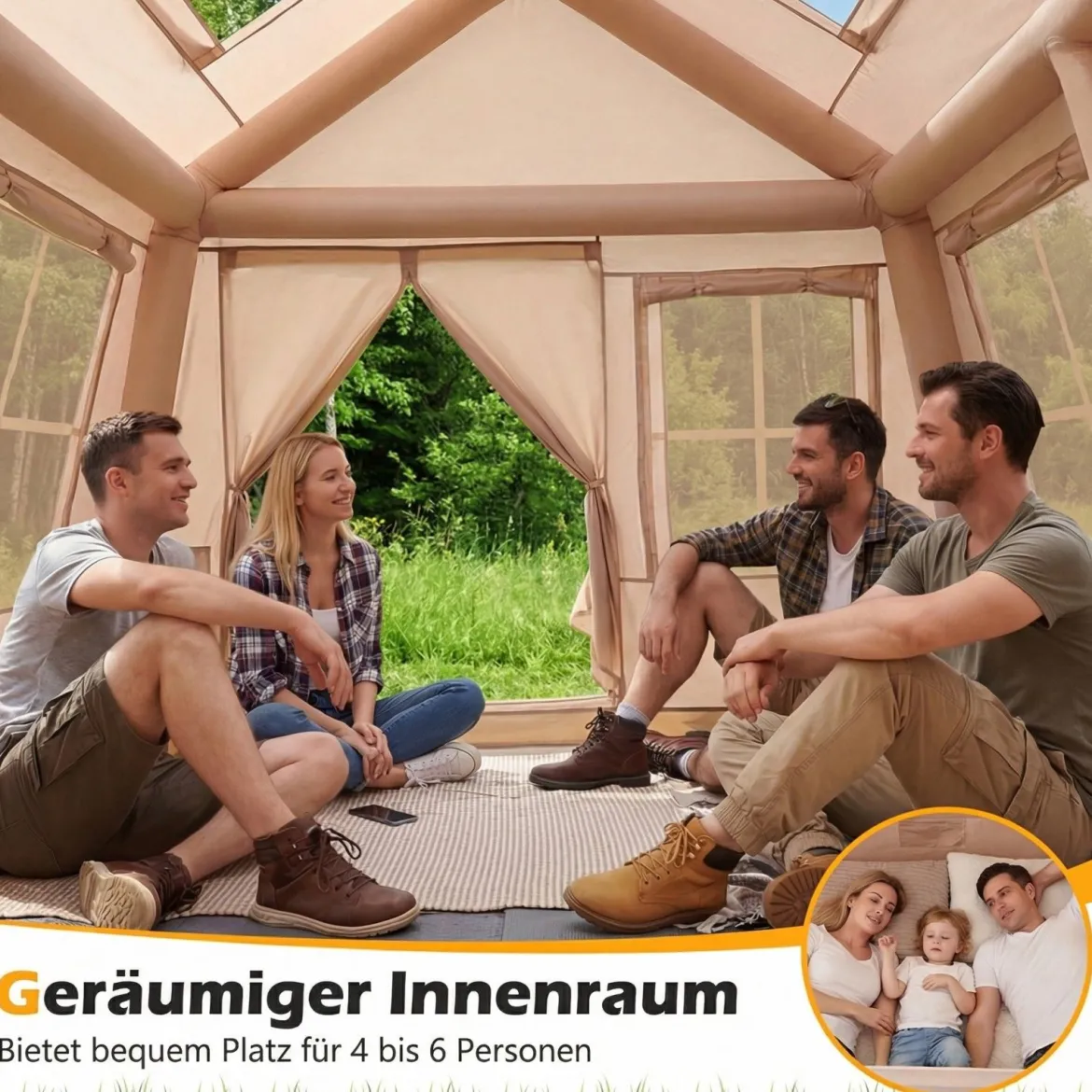 Aufblasbares Campingzelt für 4-6 Personen Tragbares Luftzelt mit Pumpe Türen & Moskitonetzen