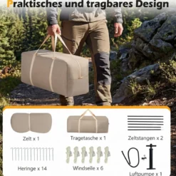 Aufblasbares Campingzelt für 4-6 Personen Tragbares Luftzelt mit Pumpe Türen & Moskitonetzen