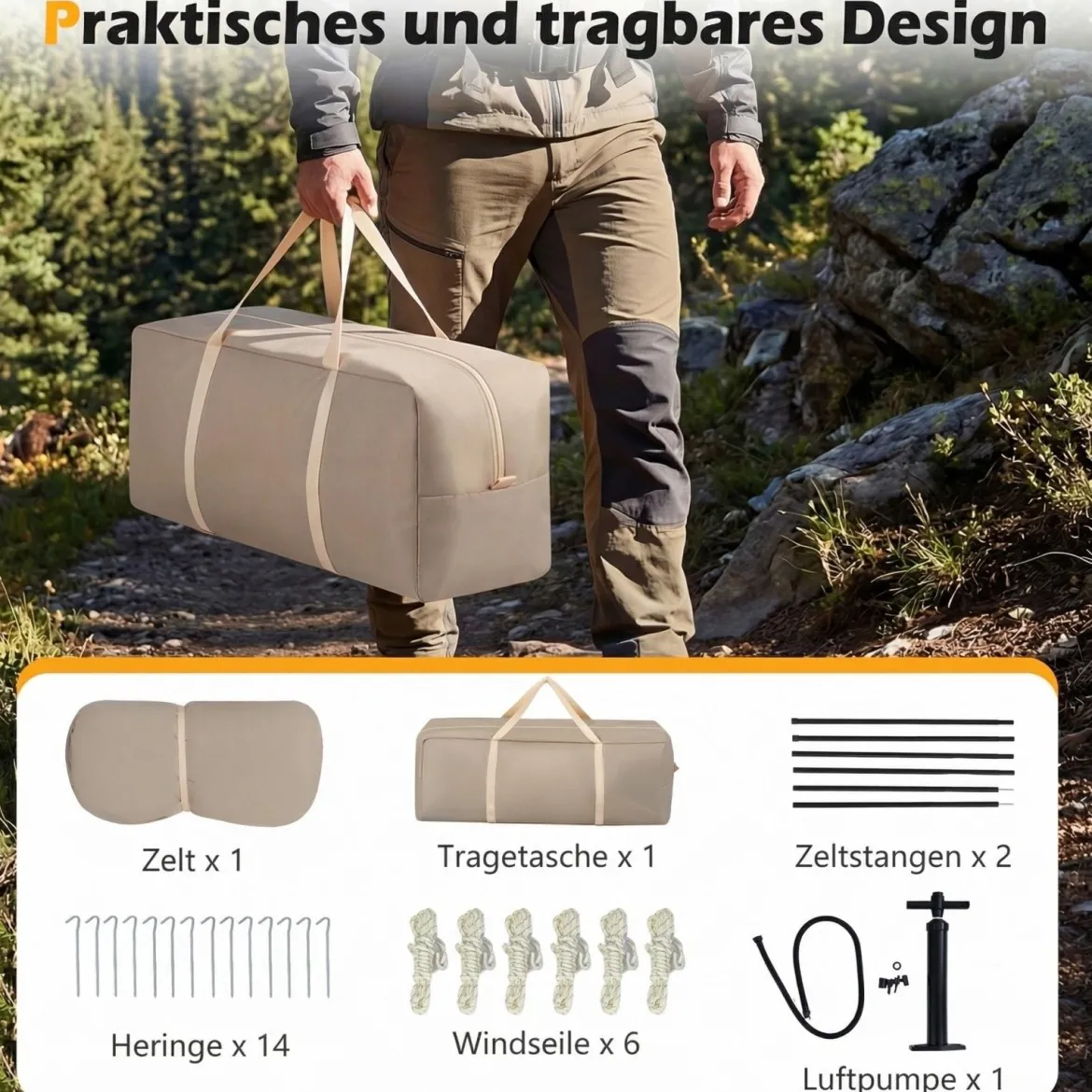 Aufblasbares Campingzelt für 4-6 Personen Tragbares Luftzelt mit Pumpe Türen & Moskitonetzen