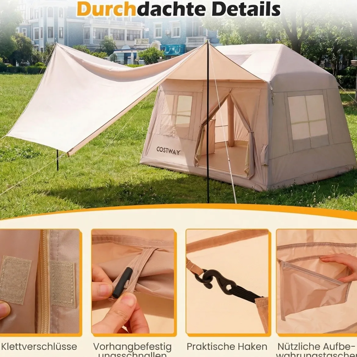 Aufblasbares Campingzelt für 4-6 Personen Tragbares Luftzelt mit Pumpe Türen & Moskitonetzen