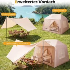 Aufblasbares Campingzelt für 4-6 Personen Tragbares Luftzelt mit Pumpe Türen & Moskitonetzen