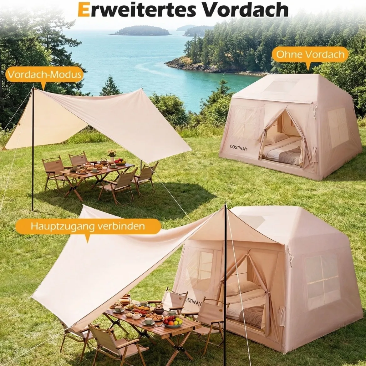 Aufblasbares Campingzelt für 4-6 Personen Tragbares Luftzelt mit Pumpe Türen & Moskitonetzen