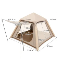 Aufblasbares Campingzelt für 2-4 Personen Luftzelt mit Abnehmbarem Vordach Meshfenster & 2 Türen