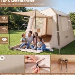 Aufblasbares Campingzelt für 2-4 Personen Luftzelt mit Moskitonetzfenstern Familienzelt mit Pumpe & Tragetasche