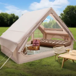 Aufblasbares Campingzelt 4-6 Personen wasserdichtes Luftzelt mit Pumpe Moskitofenstern 2 Türen Beige
