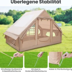 Aufblasbares Campingzelt 4-6 Personen wasserdichtes Luftzelt mit Pumpe Moskitofenstern 2 Türen Beige