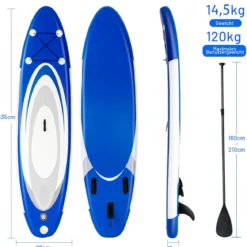 Aufblasbares Paddle Board mit verstellbarem Paddel tragbares SUP Board 335 x 80 x 15 cm Blau + Weiß