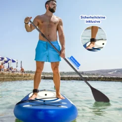 Aufblasbares Paddle Board mit verstellbarem Paddel tragbares SUP Board 335 x 80 x 15 cm Blau + Weiß