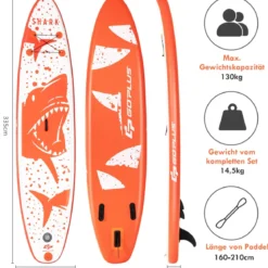 Aufblasbares Paddle Board Stand-Up Surfboard 335 x 76 x 15 cm Hai-Muster Orange + Weiß