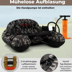 Aufblasbares Schlauchboot Angelboot mit einstellbarem Angelrutenhalter Fischhakenstator Aluminium-Paddel & Flossen Tarnfarben